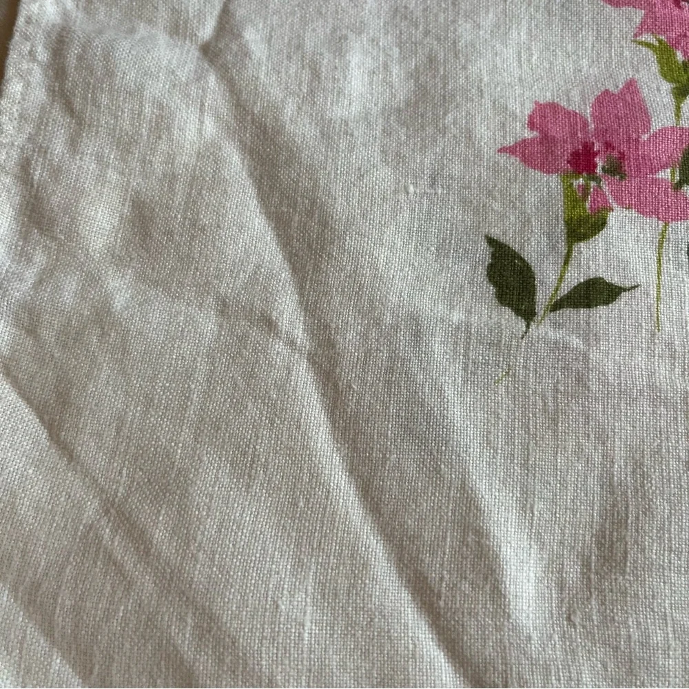 Vintage Linen Square Tablecloth with Pink Flowers